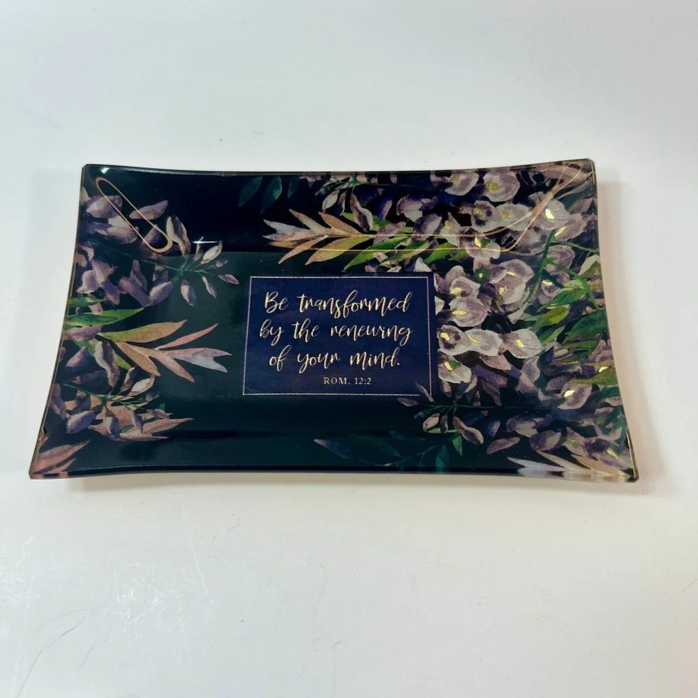 Christian Art Gifts Romans 12:2 Glass Trinket Tray Floral Gold Leaf GLT025 NEW